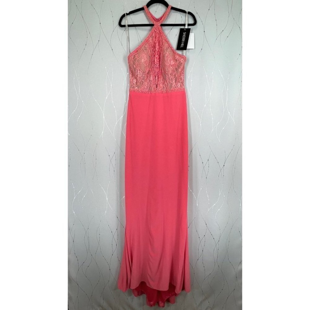 NWT Sherri Hill 50998 Coral Pink Lace Formal Gown $498 - Picture 3 of 12